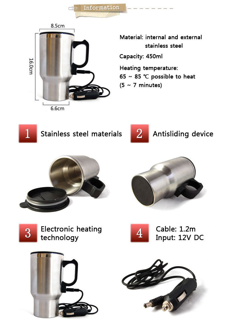 Stainless Steel 12V Car Heated Travel Mug